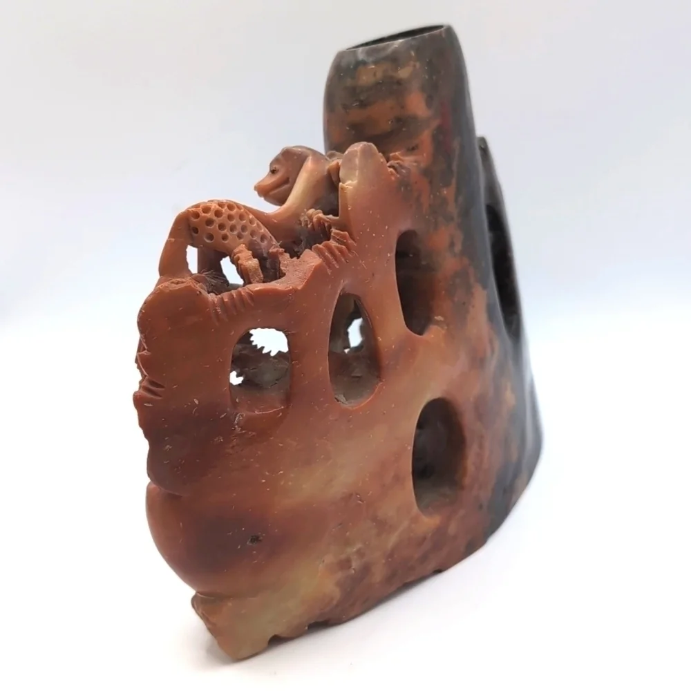 Vintage Asian Chinese Carved Soapstone Monkey Animal Vase - Brush Pot - Display
